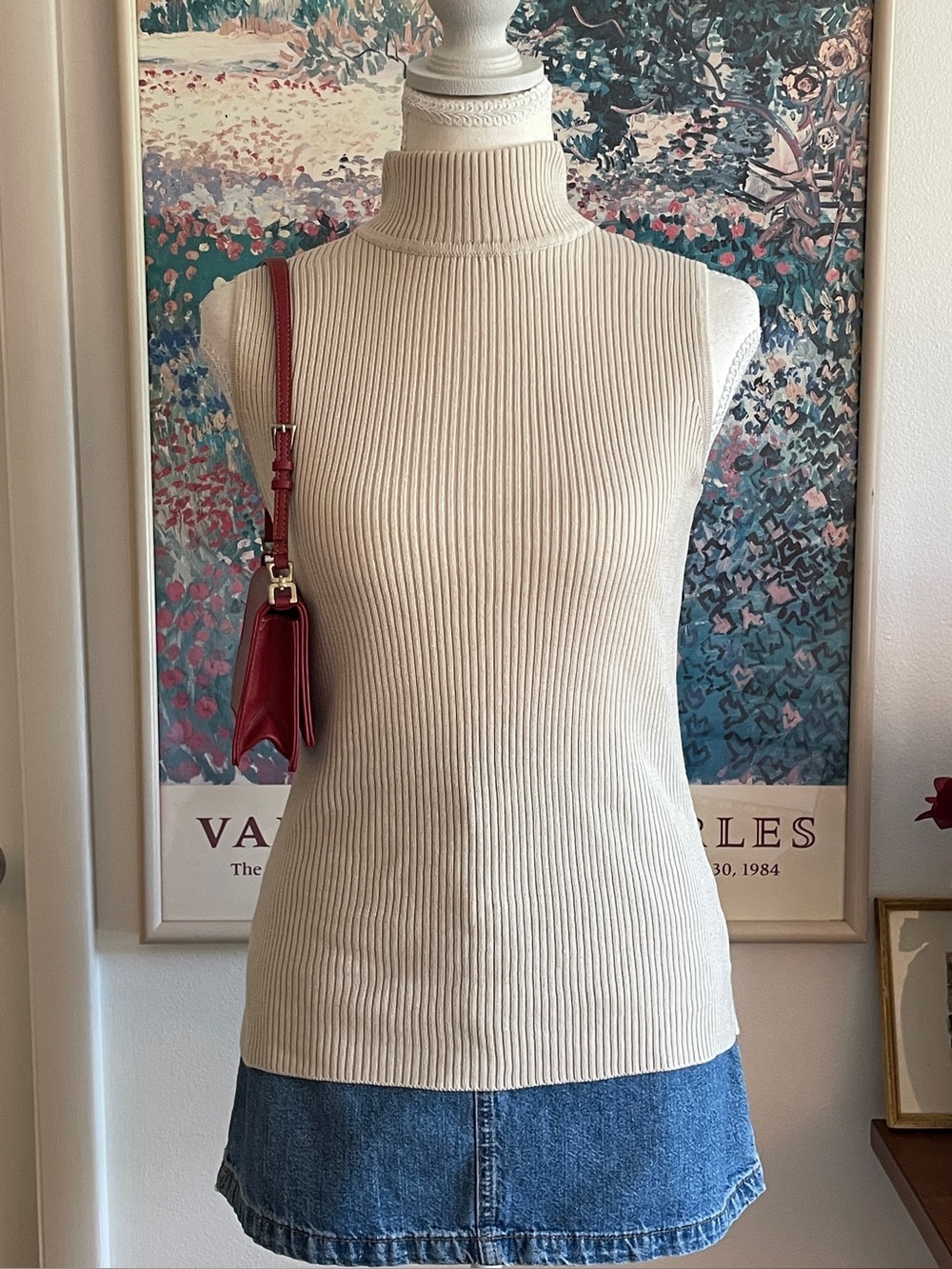 Croft & Barrow Turtleneck Top Small Cream Ribbed Sleeveless Old Money Preppy Y2K